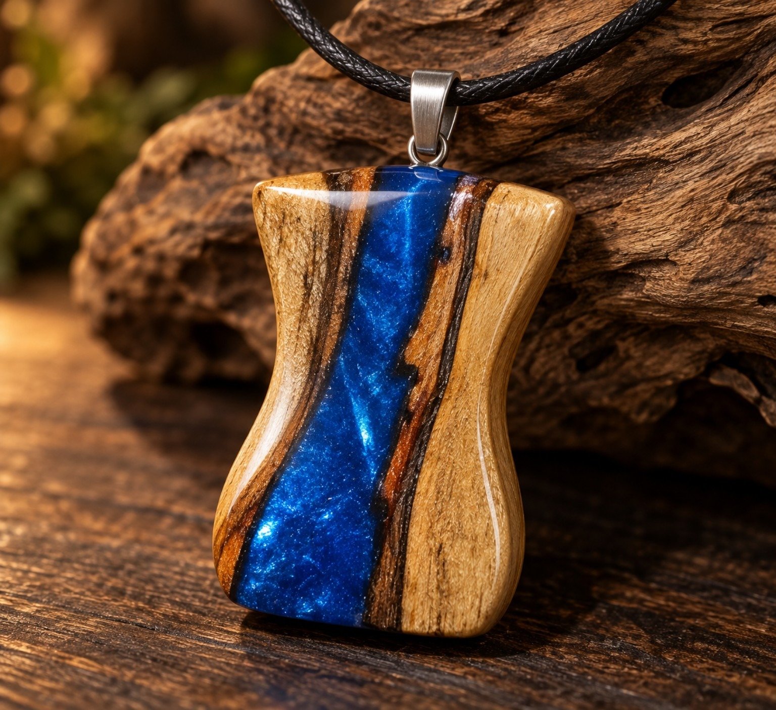 Wood and blue resin pendant