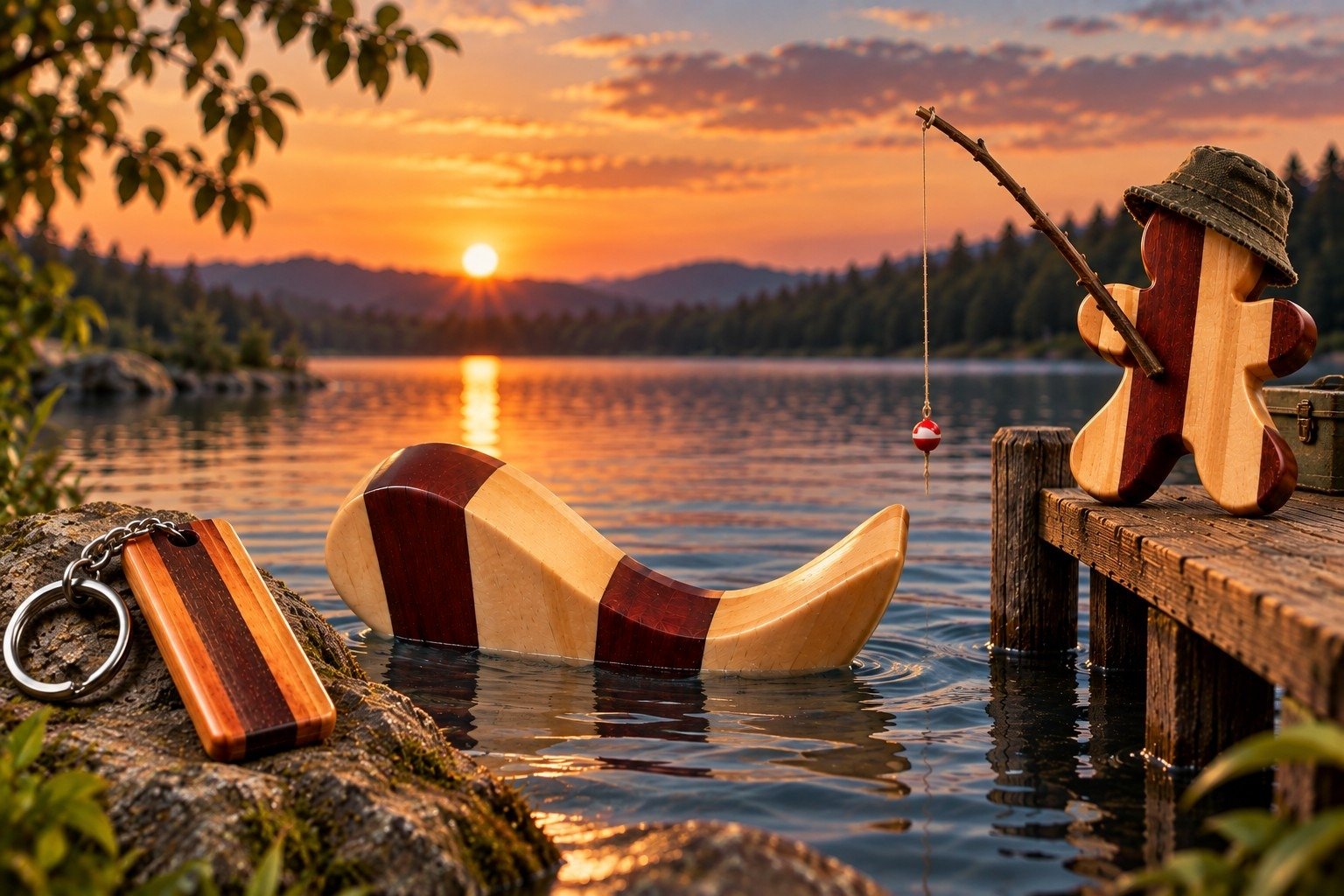 Whimsical small wooden creations by a lake